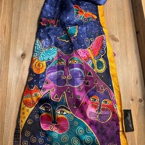 Vintage Laurel Burch Jewel-Tone Cat Print Scarf with Gold Accents 100% Silk
